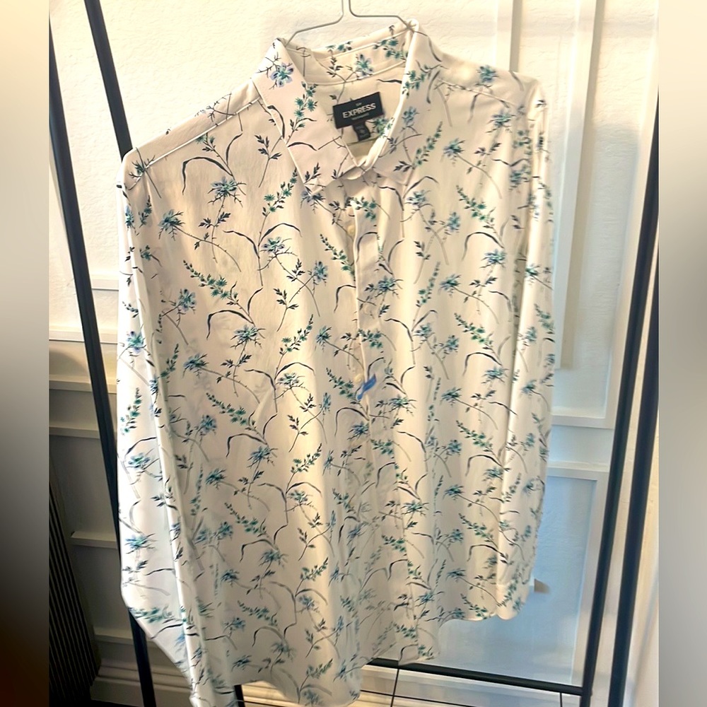 White Long Sleeve Button Up with Blue floral